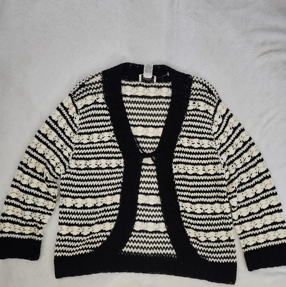 TALBOTS Women's XL Knit Crochet Cardigan Black White Boho Open Front Y2K Vibe - Picture 6 of 14